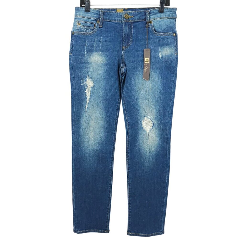 Kut From The Kloth Jeans Mid Rise Size 6 Stretch Distressed Med Wash Straight